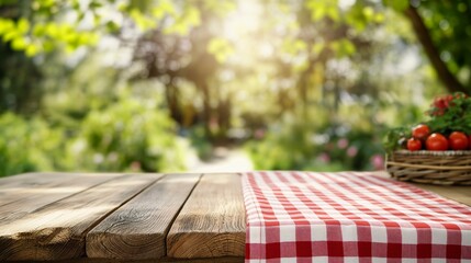Fototapete - Wooden table with a blurred background of an outdoor summer park with sun and trees. Wooden table copy space mock up nature, picnic concept. Empty copy space. Red and white picnic napkin cover