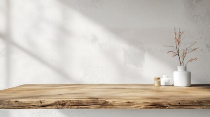 Fototapete - Empty Wooden Table and White grunge Plaster Wall with sunlight rays from window background - empty place for product placement and design mock up. Wooden tabletop with white vase and soft sunlight