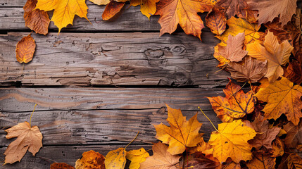 Wall Mural - autumn leaves on wooden background