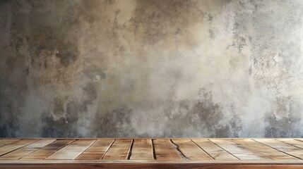 Fototapete - Empty wooden tabletop and old grunge Plaster Wall with sunlight rays from window background - empty place for product placement and design mock up. Wooden tabletop and soft sunlight