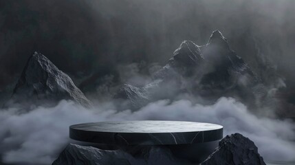 Wall Mural - Abstract black background podium scene with dark rock and mist for product presentation