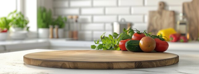 Canvas Print - Empty wooden board on table with blurred background of modern kitchen interior