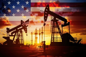 Oil rigs pumping crude oil in front of american flag at sunset