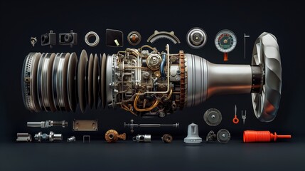 Wall Mural - Exploded view of a jet engine with various internal components and parts displayed against a dark background.