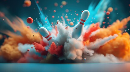 Canvas Print - Dynamic scene of bowling pins hit by a ball causing a colorful explosion of powder and particles.