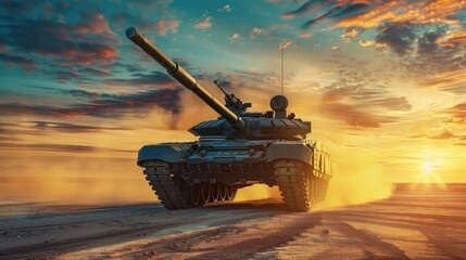 heavy tank in the desert at sunset. 3d render illustration, A modern military tank running in a desert,