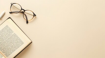 Wall Mural - A flat lay composition of a book lying open on a beige surface, with eyeglasses and a white pen beside it. Generative AI