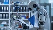 © ปฏิภาน ผดุงรัตน์ - Humanoid robot works in the laboratory with micro precision, holding an open notebook and taking notes on glassware. A scientist in a white lab coat with a blue clipboard stands behind.