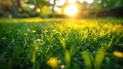 In the morning, young green grass and wild yellow flowers are growing on the lawn in the spring.