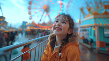 Happy girl enjoying amusement park at sunset with Ferris wheel in background
