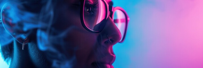 Fototapete - A woman wears glasses and looks off to the side in a portrait shot with a blue and pink gradient background. Generative AI