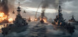 © Natalia - Intense naval battle scene with warships, explosions, fire, and smoke, set on a turbulent ocean.