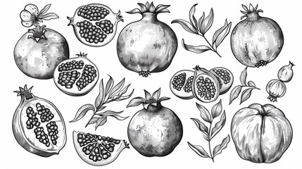 Artistic line drawing of fresh pomegranate fruit