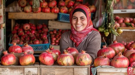 A smiling female farmer with fresh pomegranate fruit in store