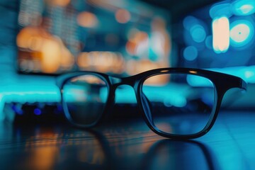 Wall Mural - Close-up of eyeglasses lying on a wooden desk, a blurred blue screen behind them. Generative AI