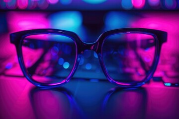 Fototapete - Black eyeglasses on a dark surface with pink and blue lights reflecting in the lenses. Generative AI