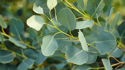 Eucalyptus globulus tree leaves outdoors round long foliage on branches