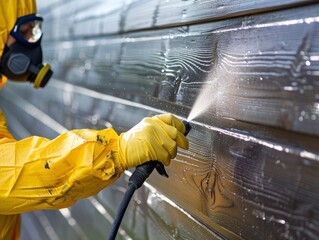 A worker in protective gear sprays a wall, ensuring cleanliness and safety for effective surface treatment.