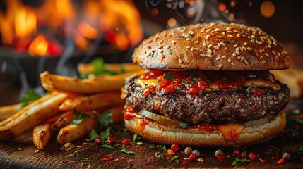 Wall Mural - Close-up of home made tasty burger with french fries and fire flames.