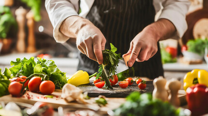 Wall Mural - Closeup hands of male professional gastronomy chef cutting or chopping vegetables, tomato parsley and pepper on cutting board in kitchen interior, preparing vegetarian meal food, healthy oraganic meal