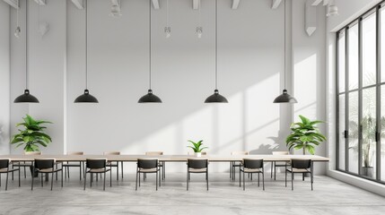 Modern office conference room with a long wooden table and black chairs. Concept of workplace, interior design, professional meeting space, corporate office