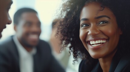 African American / black business woman socializing with colleagues / Professional business people in a meeting / Concept of success and achievement