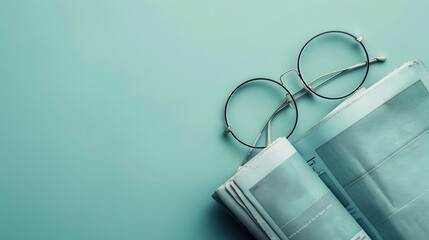 Poster - Round glasses, folded newspapers, teal background. Generative AI