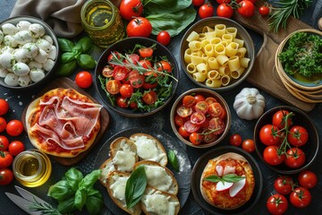 Wall Mural - Full table of italian meals on plates Pizza, pasta, ravioli, carpaccio. caprese salad and tomato bruschetta on black background. Top view