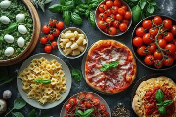 Full table of italian meals on plates Pizza, pasta, ravioli, carpaccio. caprese salad and tomato bruschetta on black background. Top view