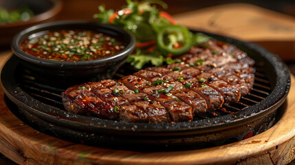 Wall Mural - A plate of meat with sauce and vegetables. The meat is cut into small pieces and is served on a black plate. The vegetables are in a green bowl