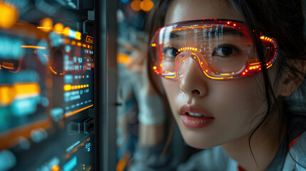 Poster - A woman wearing a pair of red goggles is looking at a computer monitor. The monitor is displaying a lot of numbers and symbols, and the woman is focused on it