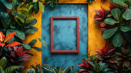 Wall Mural - A frame is placed in front of a wall with a green background and red and yellow accents. The frame is empty, and the wall is covered in plants. Concept of nature and tranquility, with the plants