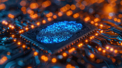 Poster - A blue fingerprint is displayed on a computer chip. Concept of technology and security, as fingerprints are often used as a means of identification