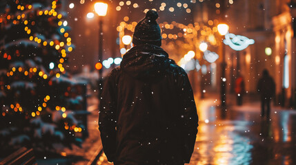 Wall Mural - Man walking on the street at night in winter with Christmas decorations.