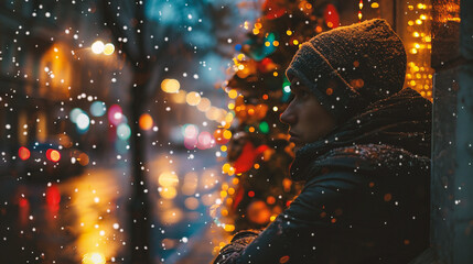 Wall Mural - Young man in winter clothes on a city street at Christmas time.
