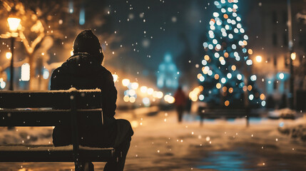 Wall Mural - A man sitting on a bench in the city at night in the snowfall.