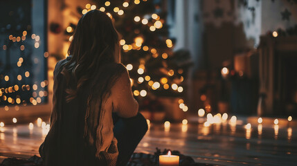Wall Mural - Beautiful young woman sitting on the floor near the Christmas tree