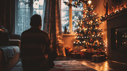 Wall Mural - Silhouette of a man sitting on the floor near the Christmas tree