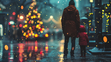 Wall Mural - Little girl and her father walking on the street at Christmas time.