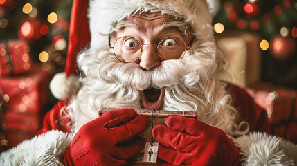 Wall Mural - Close-up portrait of funny Santa Claus in eyeglasses holding gift boxes and looking at camera