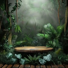 Jungle background with green wood pedestal, product platform, natural and tropical setting