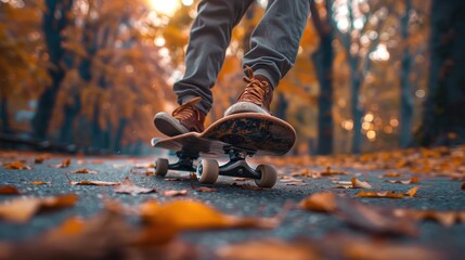 A skateboarder moves along a pathway blanketed with autumn leaves, showcasing both control and grace as they navigate through the seasonal scenery, embodying a youthful spirit.