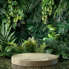 Jungle foliage surrounding green wood platform, 3D product podium, tropical forest theme