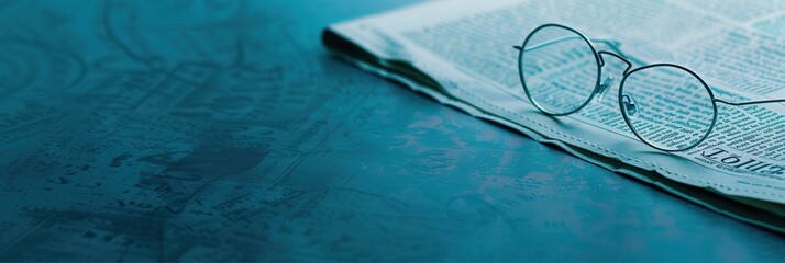 Fototapete - A pair of round glasses rests on a folded newspaper, with the newspaper sitting on a blue surface. Generative AI