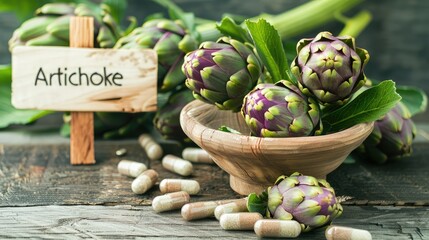 Wall Mural - Artichoke capsules and supplements. Selective focus.