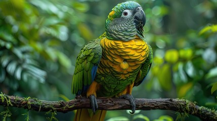 Canvas Print - Green and Yellow Parrot on Branch in Rainforest - Photo