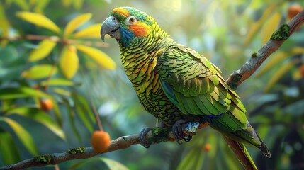 Canvas Print - Green and Yellow Parrot Perched on Branch 3D Illustration