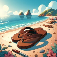 Wall Mural - colorful illustration of high angle of selective focus of stylish brown leather flip flops placed on sandy beach near sea.