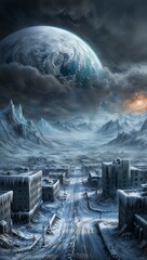 Wall Mural - A hauntingly serene, digitally painted illustration of a post-apocalyptic, ice-encrusted planet Earth, devoid of any signs of life, with a thick layer of frost and snow covering the once-lush landscap