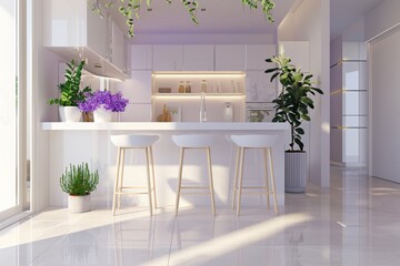 Wall Mural - Interior of modern kitchen with white walls, tiled floor, white countertops with built in sink and bar with stools.